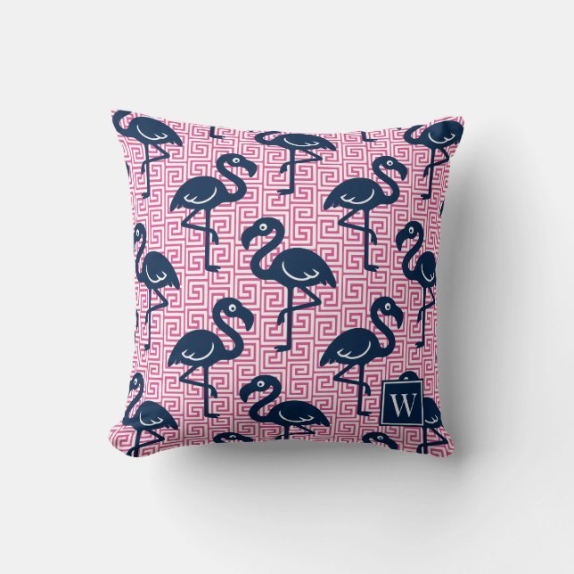 Tropical Flamingo Grekisk Nyckel - Rosa & Marinblå Kudde (Framsida)