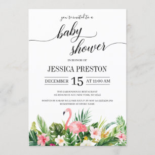 Tropical Flamingo Löv Script Baby Shower Inbjudningar