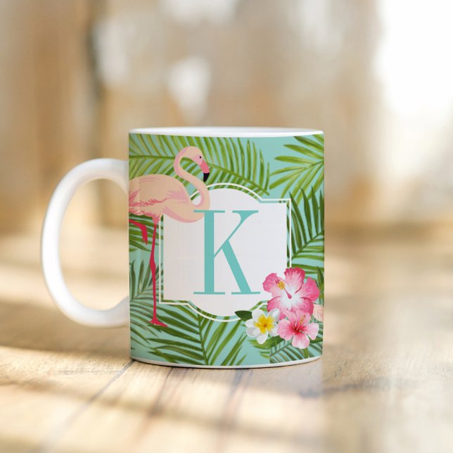 Tropical Flamingo och Hibiscus Flowers Monogram Kaffemugg (Skapare uppladdad)