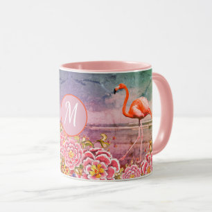Tropical Flamingo on Beach, Rosa Flowers, Monogram Mugg