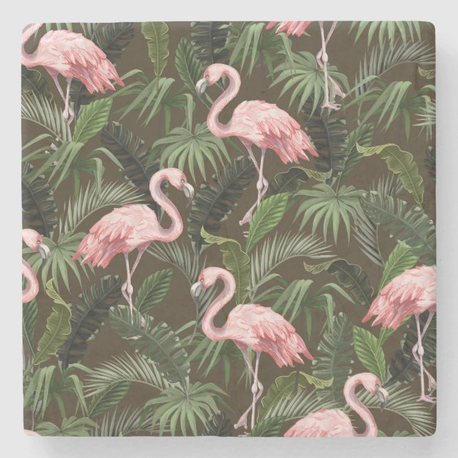 Tropical Flamingo Pattern: Vintage Löv Stenunderlägg (Framsidan)