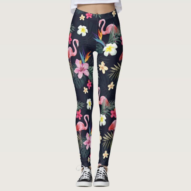 Tropical Flamingo Print, Exotic Botanical Flowers Leggings (Framsida)