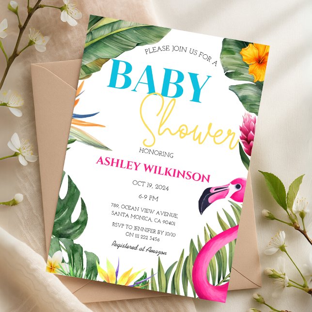 Tropical Flamingo Summer Blommigt Baby Shower Inbjudningar (Tropical Flamingo Summer Floral Baby Shower Invitation)