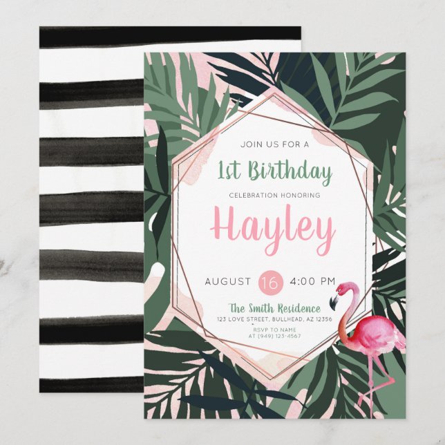 Tropical Flamingo Watercolor Birthday-inbjudan Inbjudningar (Fram/baksida)
