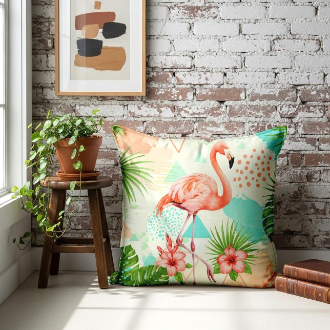 Tropical Flamingo Watercolor & Geometric Pattern Kudde (Skapare uppladdad)