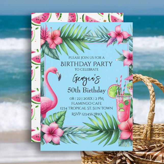 Tropical Flamingo Watermelon Födelsedagsfest Inbjudningar (Tropical Flamingo Watermelon Birthday Party Invitation.  Celebrate your birthday with beach vibes.)