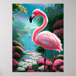 Tropical Flamingo with Flowers Poster