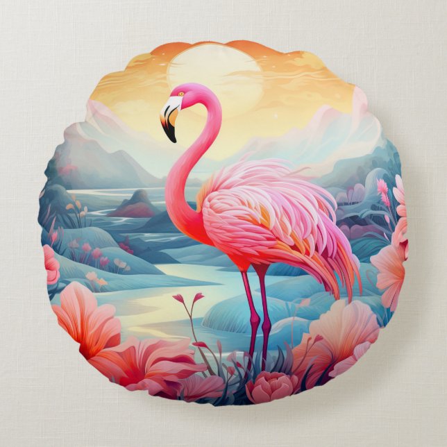 Tropical Flamingo with Flowers Rund Kudde (Framsidan)