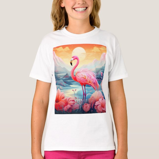 Tropical Flamingo with Flowers T Shirt (Framsida)