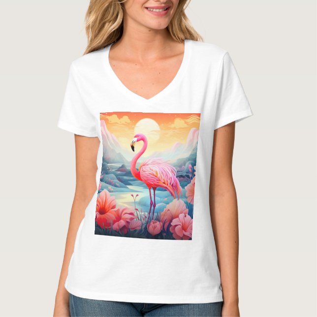 Tropical Flamingo with Flowers T Shirt (Framsida)