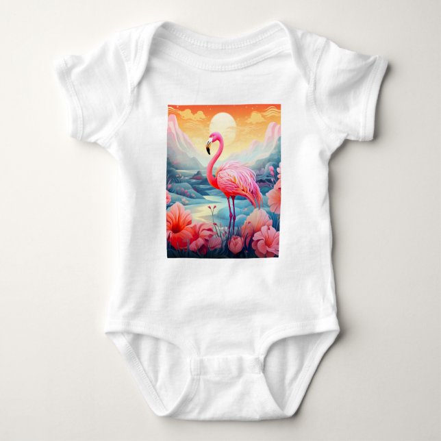 Tropical Flamingo with Flowers T Shirt (Framsida)