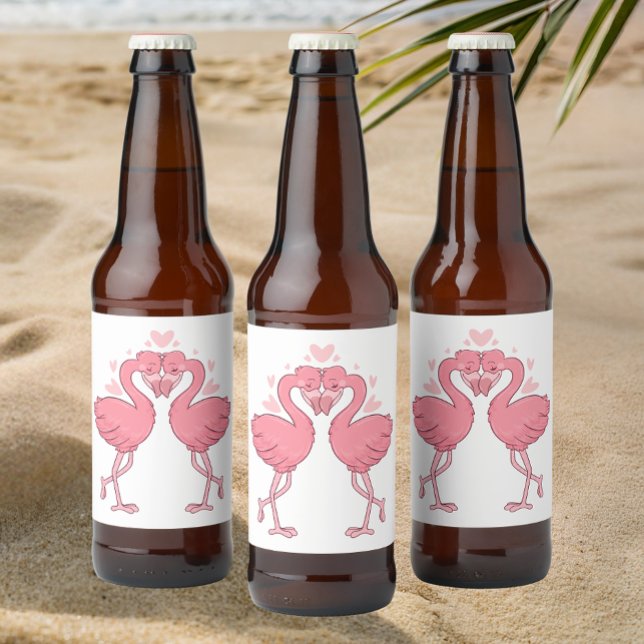 Tropical Flamingos Beach Cute Pink Summer Wedding Ölflaska Etikett (Skapare uppladdad)
