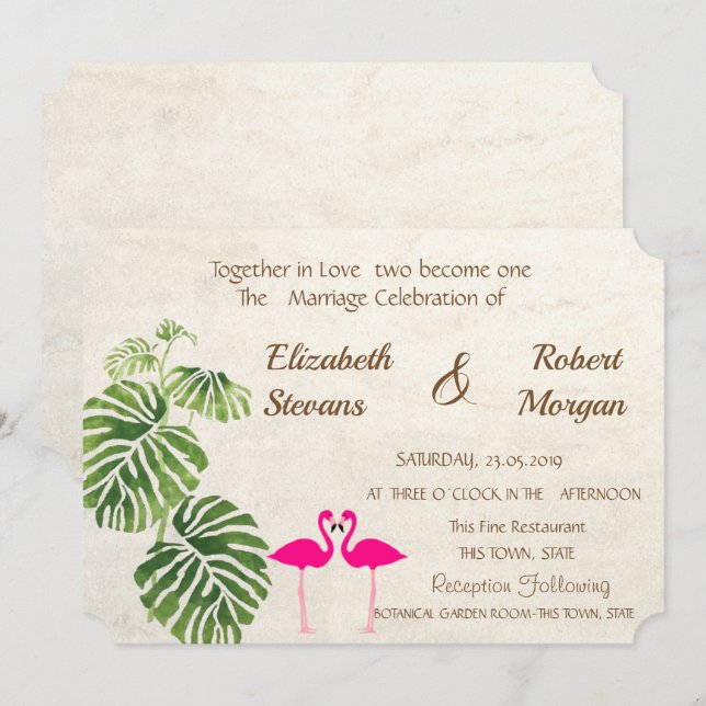 Tropical Flamingos bröllopsinbjudan Inbjudningar (Fram/baksida)