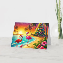 Tropical Flamingos on Beach Christmas Holiday Card Helgkort