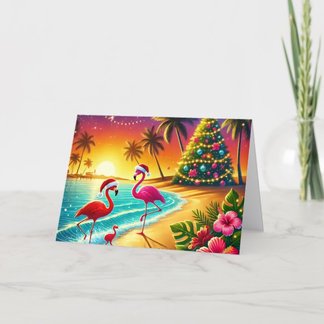 Tropical Flamingos on Beach Christmas Holiday Card Helgkort (Framsida)