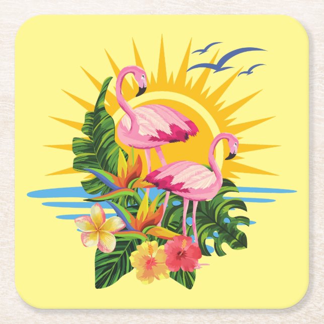 Tropical Flamingos Sunshine and Flowers Underlägg Papper Kvadrat (Framsidan)