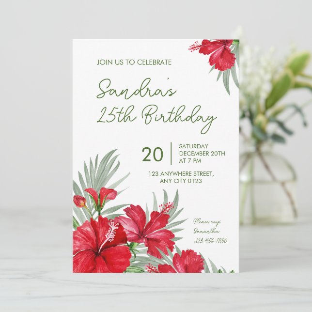 Tropical Floral 25th Birthday Invitation Inbjudningar (Stående Fram)