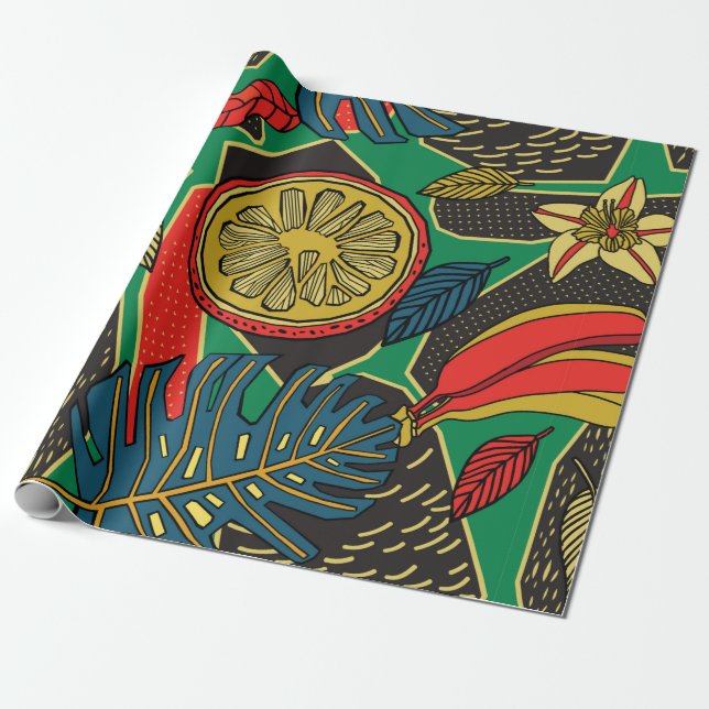 Tropical floral pattern in doodle style with fruit presentpapper (Utrullad)