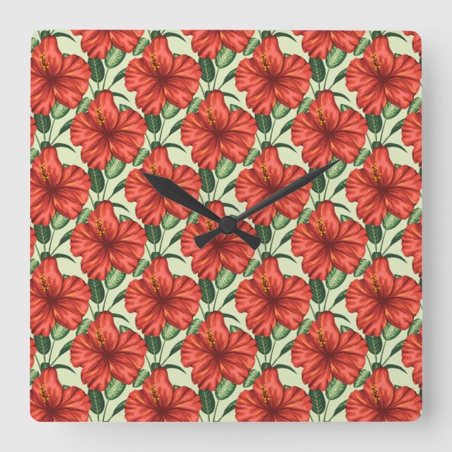 Tropical floral seamless pattern red flowers fyrkantig klocka (Framsida)
