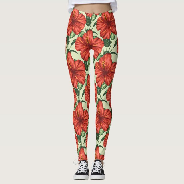 Tropical floral seamless pattern red flowers leggings (Framsida)