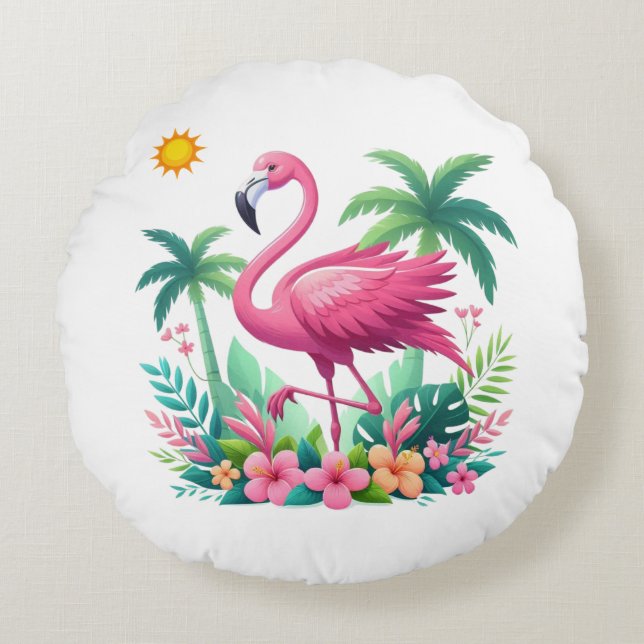 Tropical/Florida rosa flamingo Rund Kudde (Framsidan)
