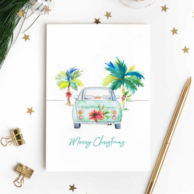 Tropical Florida Watercolor-julkort Kort (Tropical holiday greeting cards features Christmas palm tree and car design by Victoria Grigaliunas)