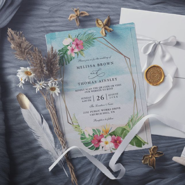 Tropical Flower Beach Elegant QR Code Wedding Inbjudningar (Skapare uppladdad)