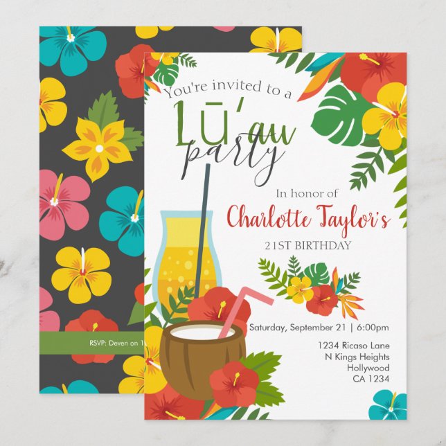 Tropical Flower Luau Party Inbjudningar (Fram/baksida)