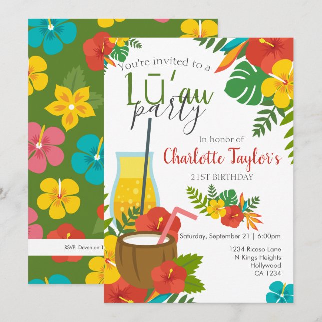 Tropical Flower Luau Party Inbjudningar (Fram/baksida)