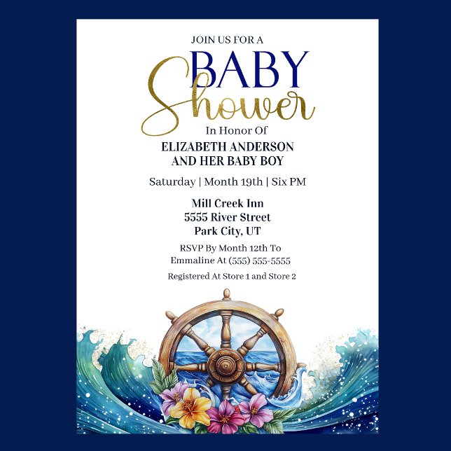 Tropical Flower Sailing Wheel Boy Baby Shower Inbjudningar (Nautical Baby Shower invitation with ship wheel, ocean waves, and tropical flowers )