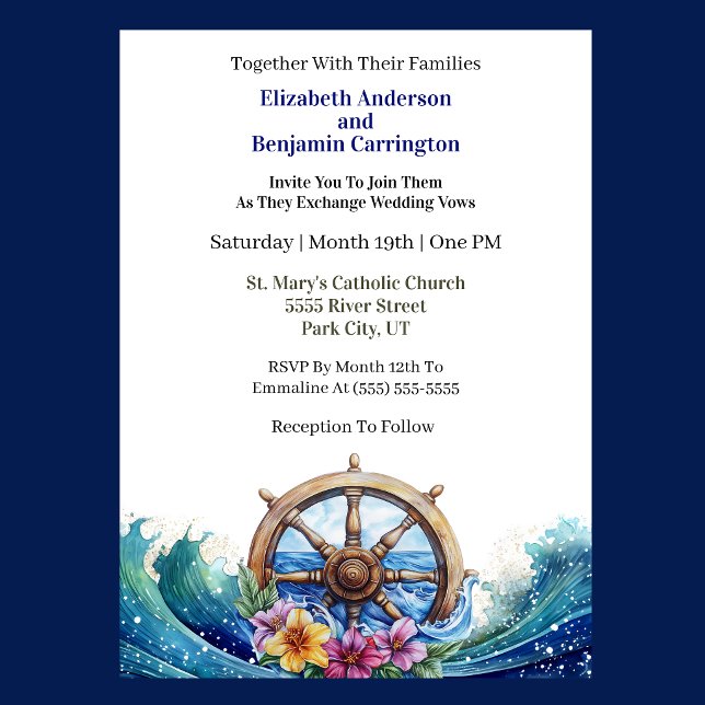 Tropical Flower Sailing Wheel Nautical Wedding Inbjudningar (Nautical wedding invitation with ship wheel, ocean waves, and tropical flowers )