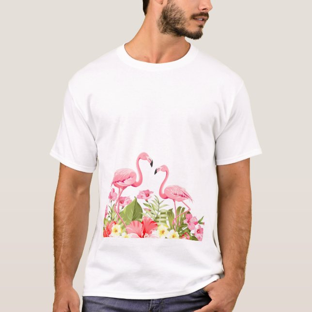 Tropical Flowers And Flamingos T Shirt (Framsida)