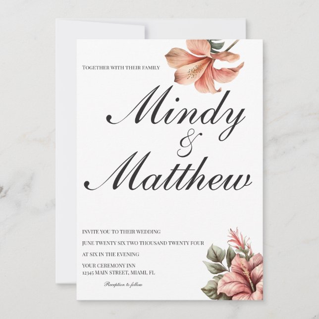 Tropical Flowers Black and White Script Wedding Inbjudningar (Framsida)