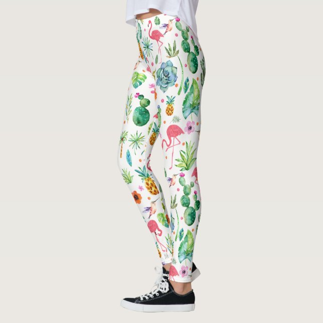 Tropical Flowers Cactus & Flamingos Mönster Leggings (Vänster)