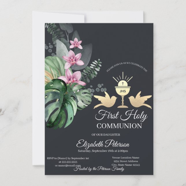 Tropical Flowers Chalice First Heliga Communion Inbjudningar (Framsida)