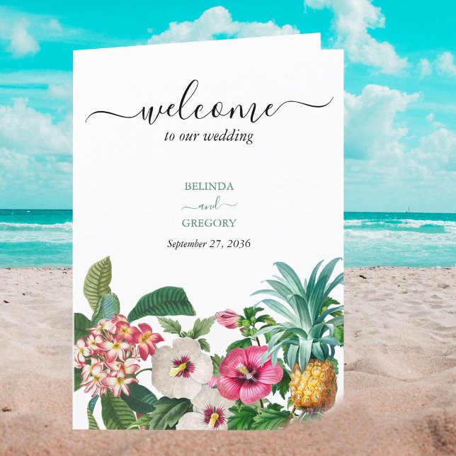 Tropical Flowers Greenery Bröllop serviceorder Program (Tropical Watercolor Flowers & Greenery Wedding Program)