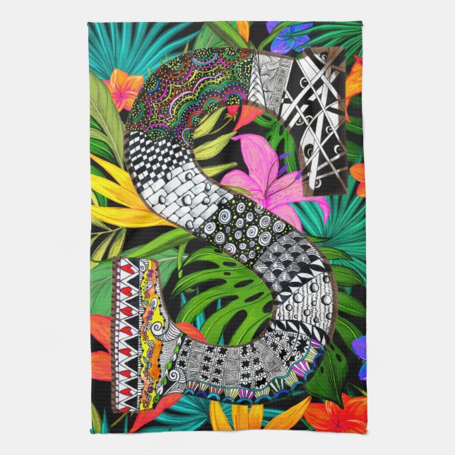 Tropical Flowers Monogram S Kitchen Towel Kökshandduk (Vertikal)