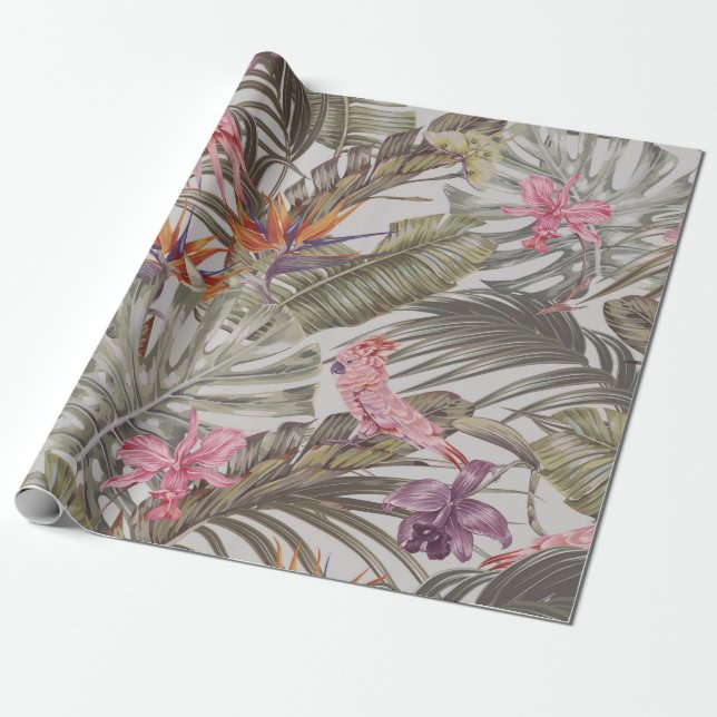 Tropical flowers,  palm leaves,  bird of paradise  presentpapper (Utrullad)