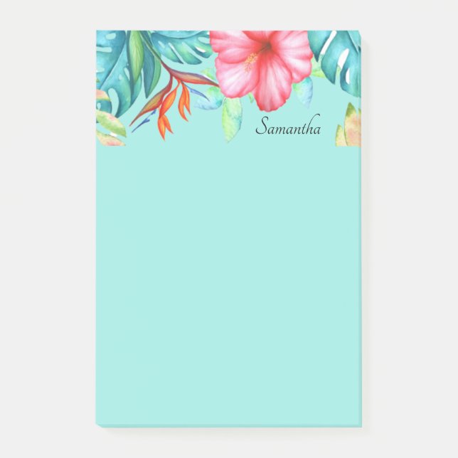 Tropical Flowers Personlig Teal Post-it Block (Framsida)