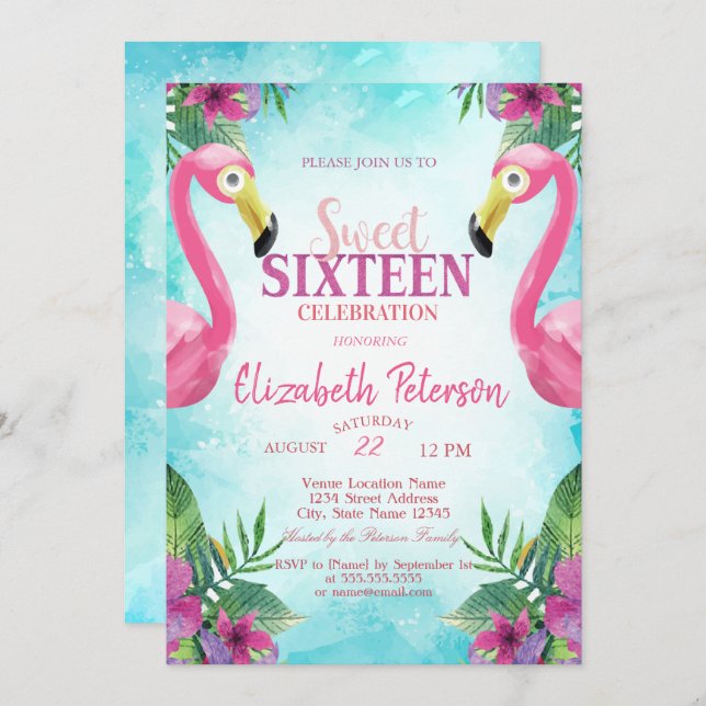 Tropical Flowers Rosa Flamingos Sweet 16 Party Inbjudningar (Fram/baksida)