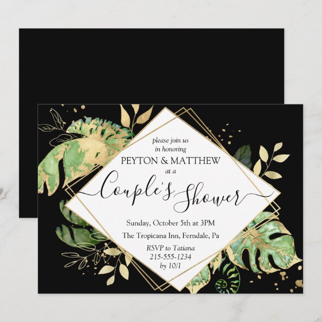 Tropical Foliage Black & Guld Couple Shower Inbjudningar (Fram/baksida)