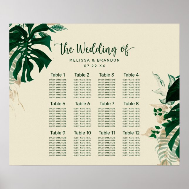 Tropical Foliage Greenery 12 Table Seating Chart Poster (Framsidan)