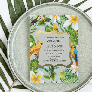 Tropical Forest Greenery Parrots Plumeria Bröllop Inbjudningar