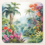 Tropical Forest Underlägg Papper Kvadrat<br><div class="desc">A Watercolour landscape of a tropical forest with colourful flowers</div>
