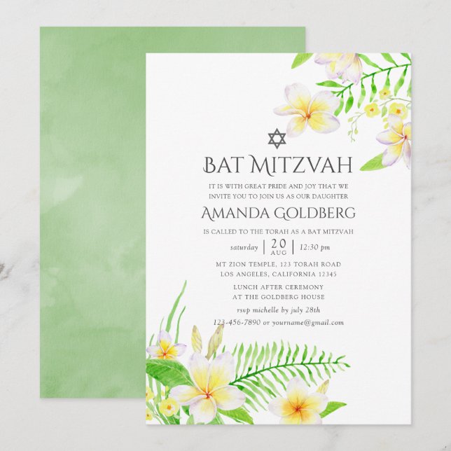 Tropical Frangipani Bat mitzvah vattenfärg Inbjudningar (Fram/baksida)