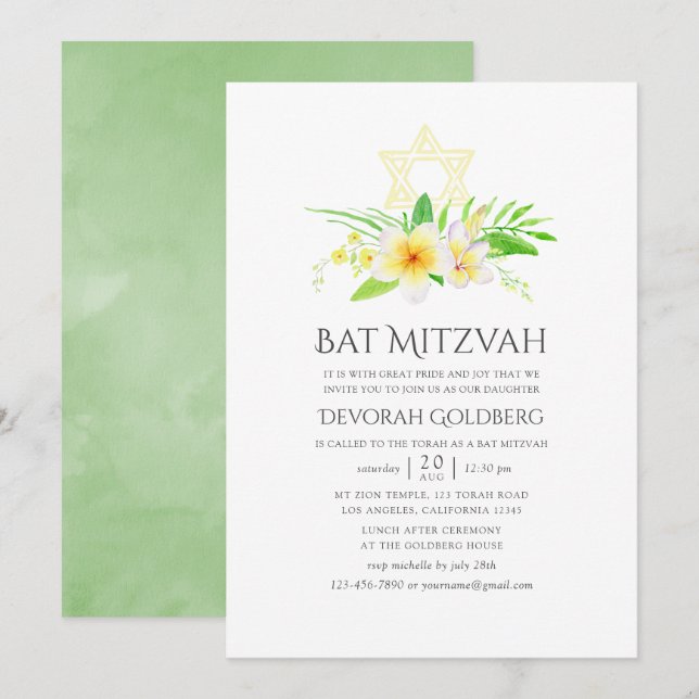 Tropical Frangipani Bat mitzvah vattenfärg Inbjudningar (Fram/baksida)