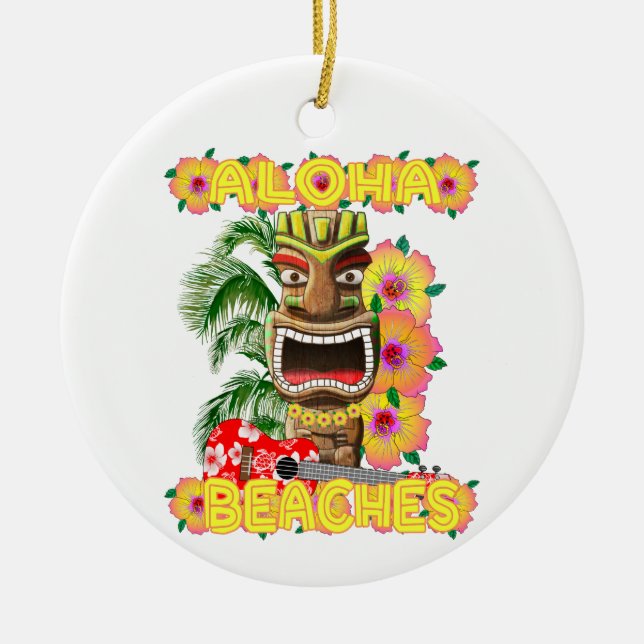 Tropical Funny Aloha Beacher Hawaiian Tiki Julgransprydnad Keramik (Framsidan)