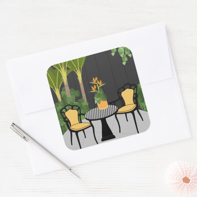 Tropical Garden Courtyard Fyrkantigt Klistermärke (Kuvert)