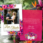 Tropical Garden Kärlek & Tack Bröllop Photo & Note<br><div class="desc">De vackra bröllop-tack-korten visar ditt foto omgivet av en mängd tropiska blommor och löv i klara skuggor av shock rosa, fuchsia, magenta, lila och gult. Rubriken lyder: Kärlek och Tack, med namnen nedan. Baksidan har plats för en kort-anteckning och anpassningsbarna namnteckning. Det här tackkortet är enkelt och elegant, och det...</div>