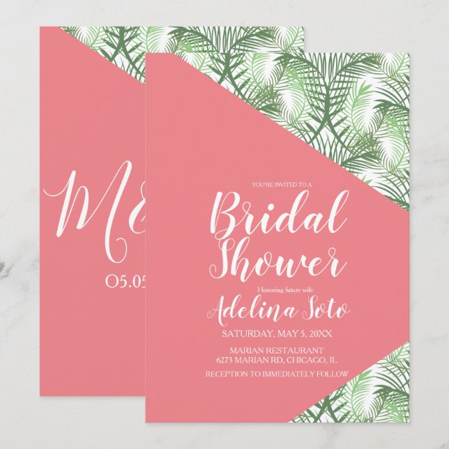 Tropical Geometrical Handflatan Oasis Rosa Möhippa Inbjudningar (Fram/baksida)